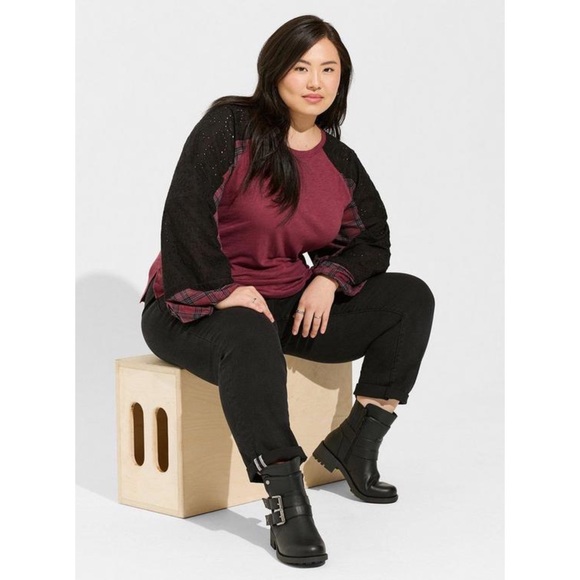 Torrid Cotton Modal Slub Crew Neck Raglan Eyelet Inset Print Mix Top Plaid - Picture 2 of 8